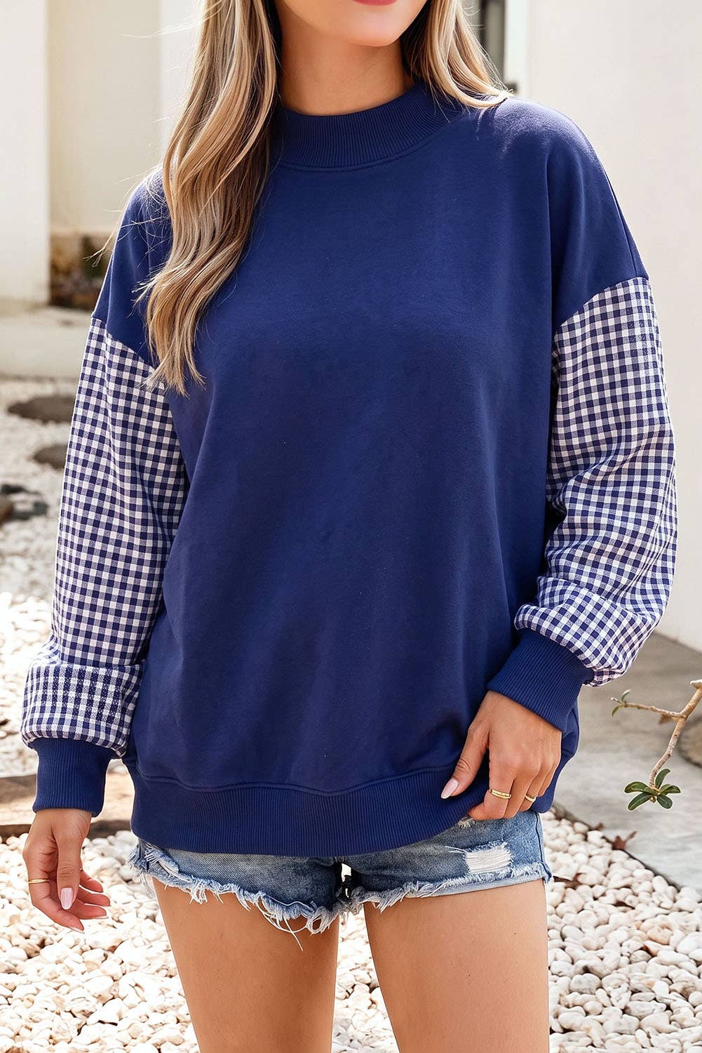 F/W26 NEW Plaid Sleeve Colorblock Mock Neck Sweatshirt| S-4X