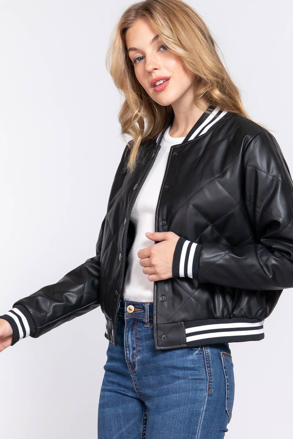 Long Sleeve Quilted PU Faux Leather Bomber Jacket