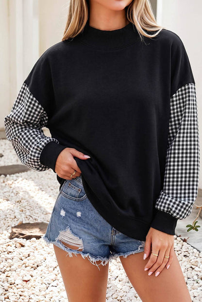 F/W26 NEW Plaid Sleeve Colorblock Mock Neck Sweatshirt| S-4X