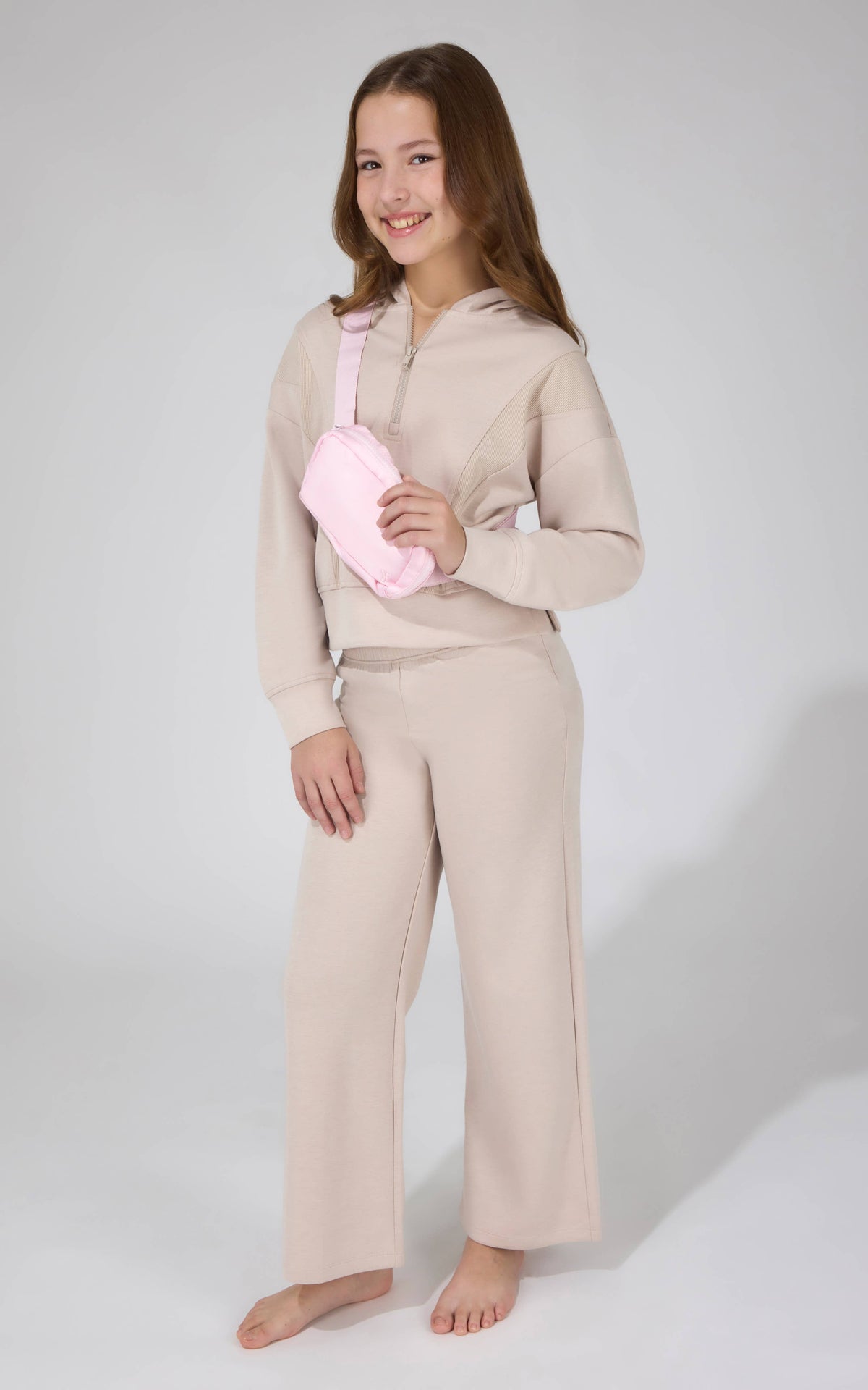 Girl's Half Zip Hoodie, Wide Leg Pant, Bag 3 PCS Set