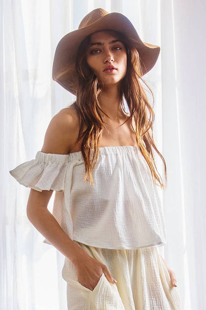 T1729 -Solid Ruffled Off Shoulder Crop Top