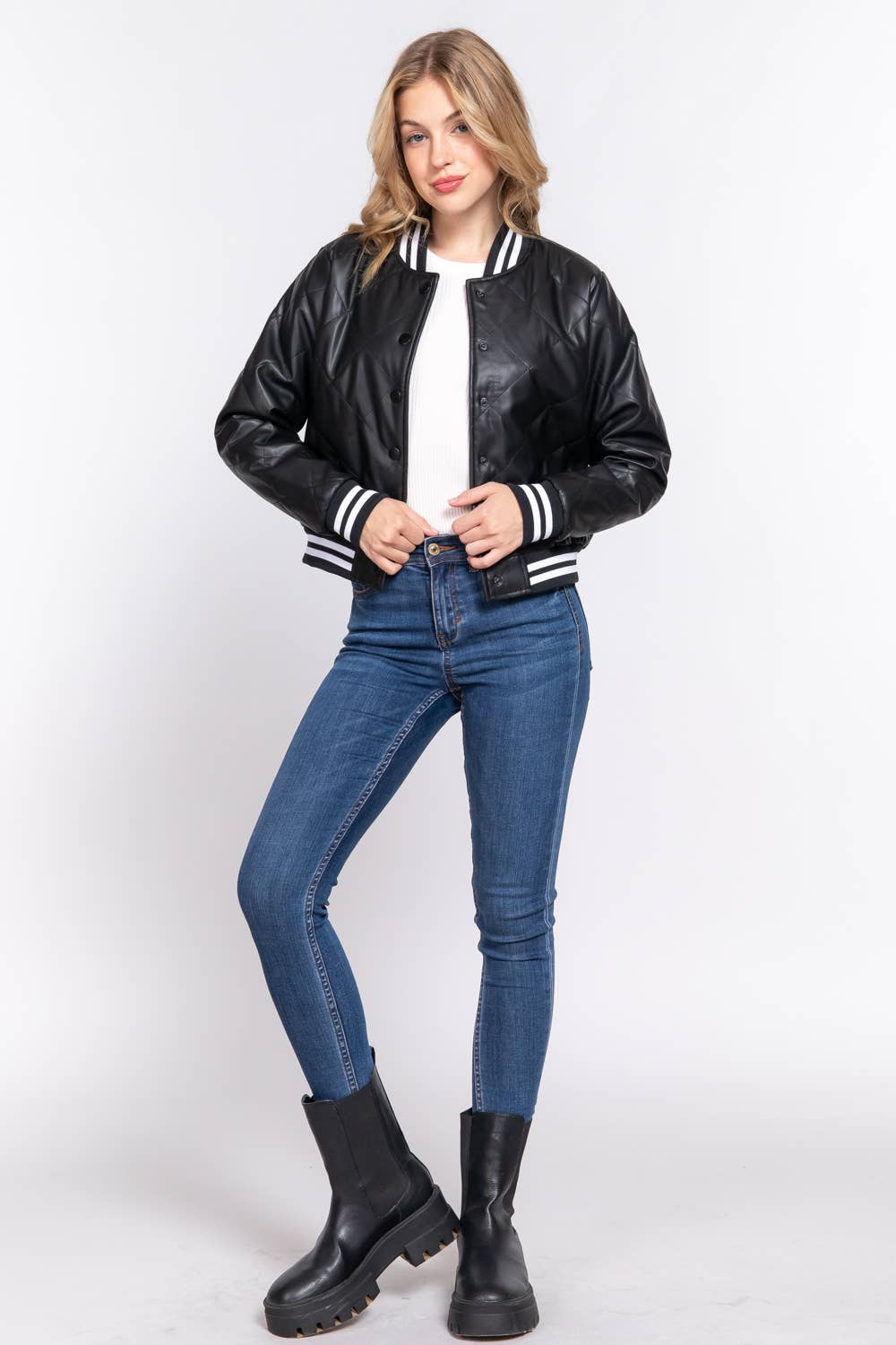Long Sleeve Quilted PU Faux Leather Bomber Jacket