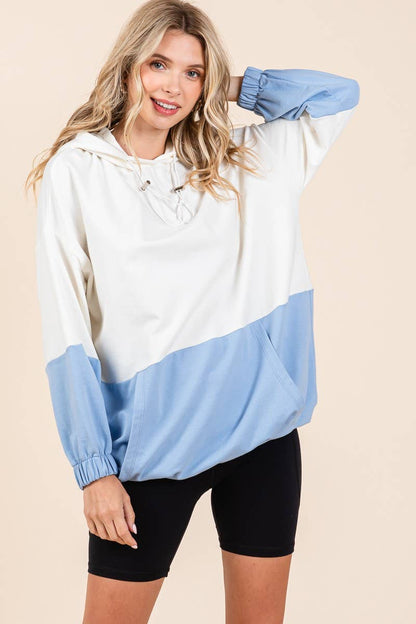 D5505 - ELASTIC HEM COLOR BLOCK POCKET HOODIE=