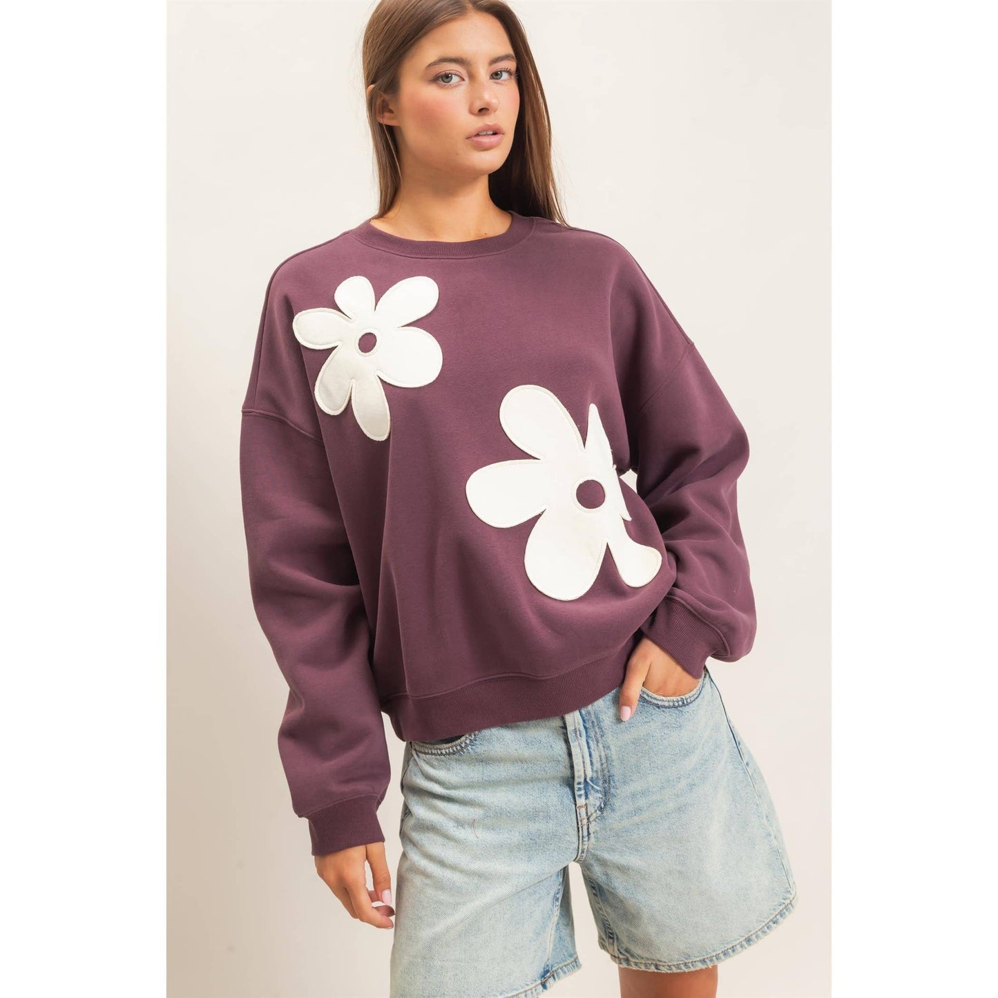 Floral Applique Crew Neck Sweatshirt