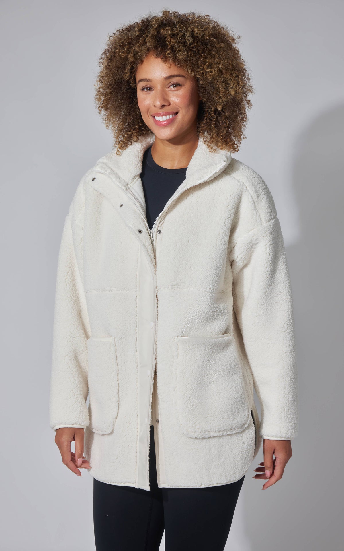 Women's Teddy Sherpa Button Down Jacket with Zipper Pockets