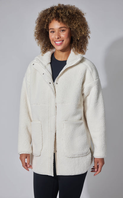 Women's Teddy Sherpa Button Down Jacket with Zipper Pockets