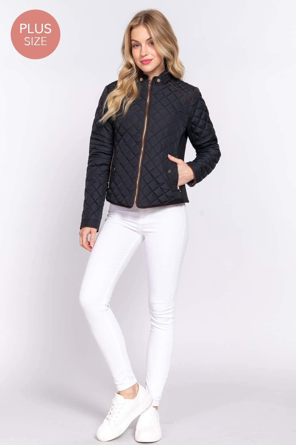 [PLUS SIZE] Suede Piping Detail Rib Quilted Padding Jacket