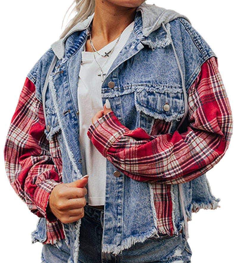 Print Patchwork Hooded Raw Hem Denim Jacket