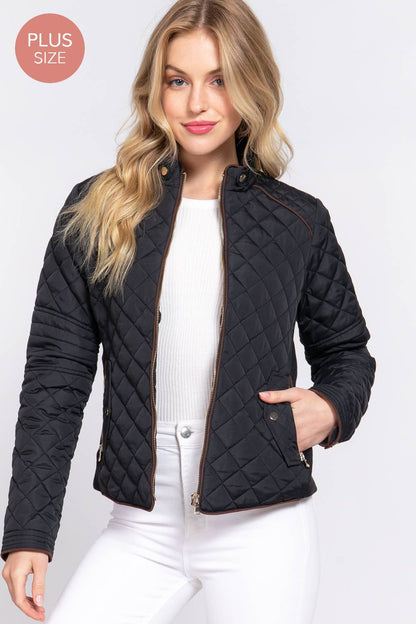 [PLUS SIZE] Suede Piping Detail Rib Quilted Padding Jacket