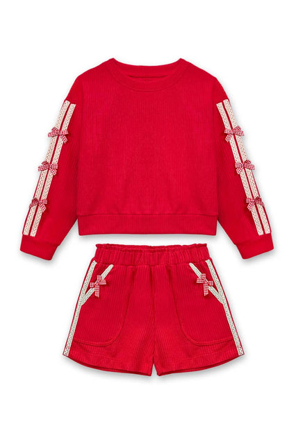 GKSS-Q26-38283B Girl's Knit Ribbed  Pullover & Short Set
