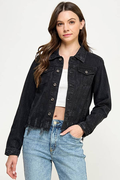 Ladies'  Cropcut Denim Jacket with Distressed