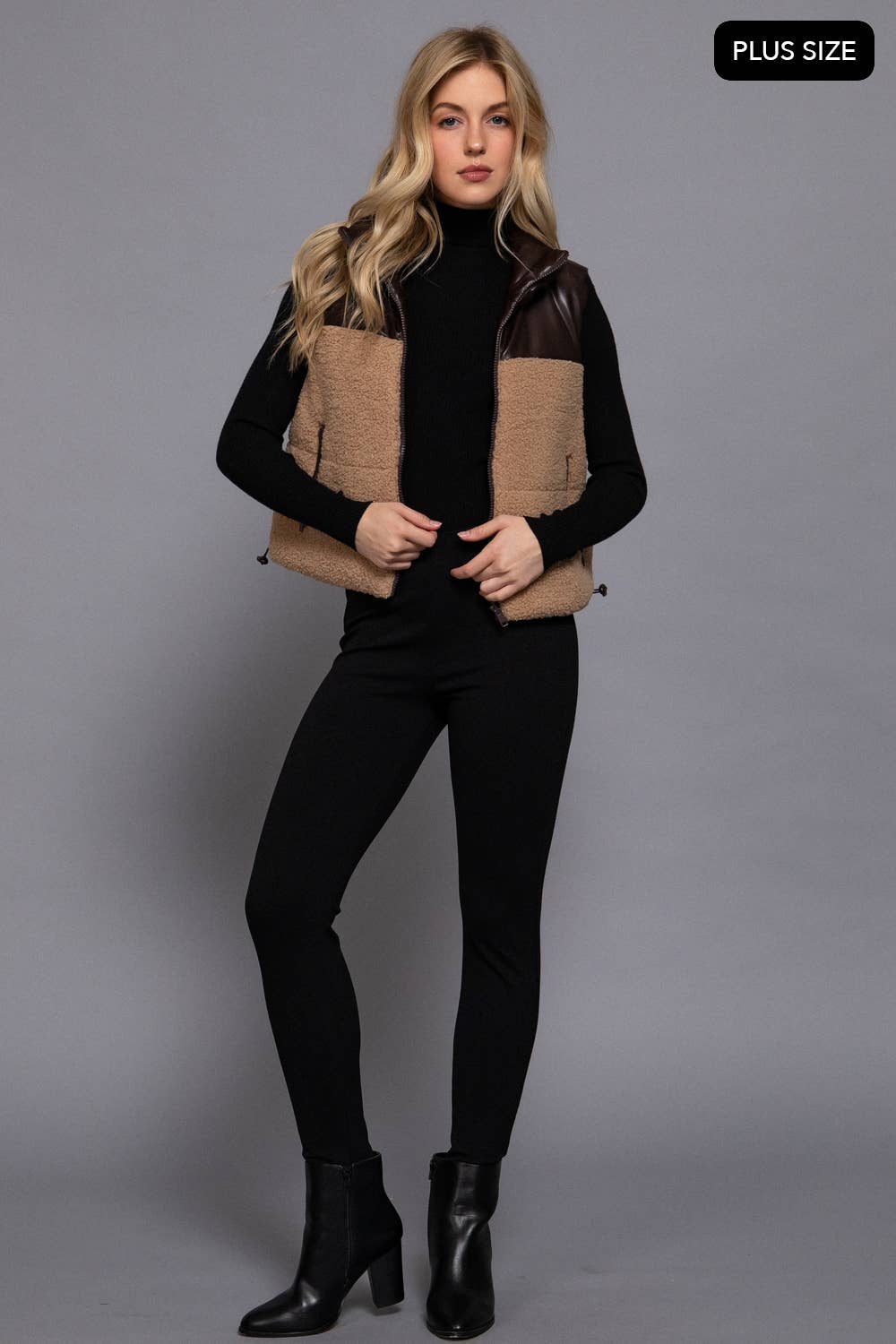 [PLUS SIZE] Reversible Faux Leather-Sherpa Padding Crop Vest