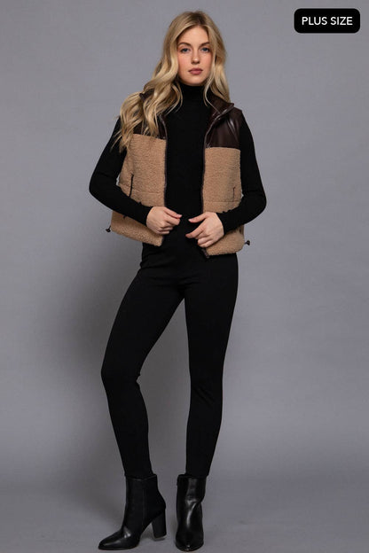 [PLUS SIZE] Reversible Faux Leather-Sherpa Padding Crop Vest