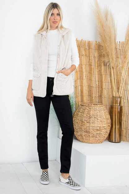 Textured Faux Fur Quilted Line Hoodie Vest