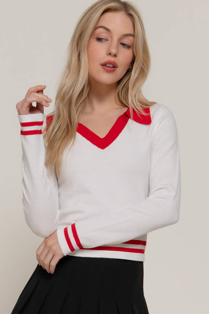 Long Sleeve Stripe Polo Sweater