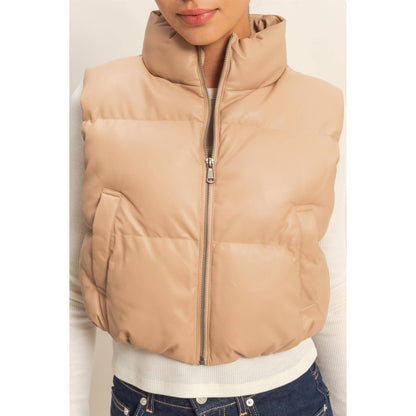 Faux Leather Cropped Puffer Vest