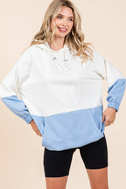 D5505 - ELASTIC HEM COLOR BLOCK POCKET HOODIE=