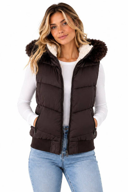 Women's Sherpa-lined Faux Fur Hood Puffer Vest