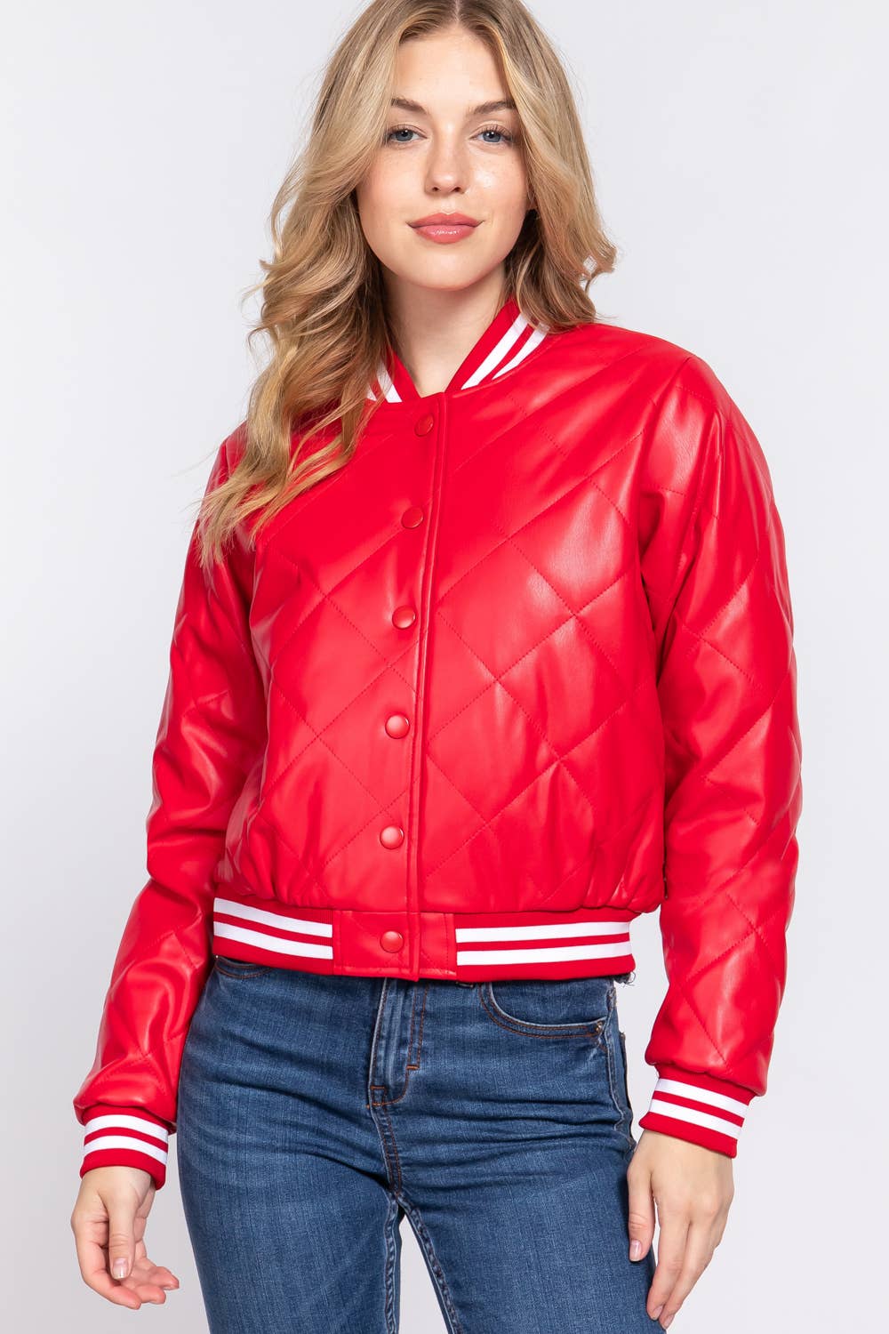Long Sleeve Quilted PU Faux Leather Bomber Jacket