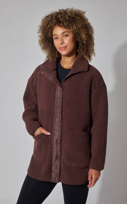 Women's Teddy Sherpa Button Down Jacket with Zipper Pockets
