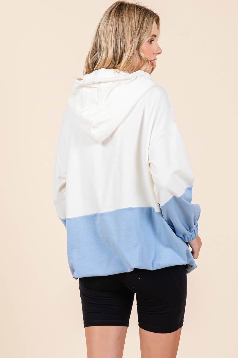 D5505 - ELASTIC HEM COLOR BLOCK POCKET HOODIE=