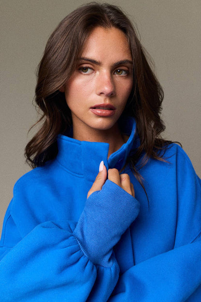 PT18729 - High Collar Half Button-Up Relaxed Fit Pullover