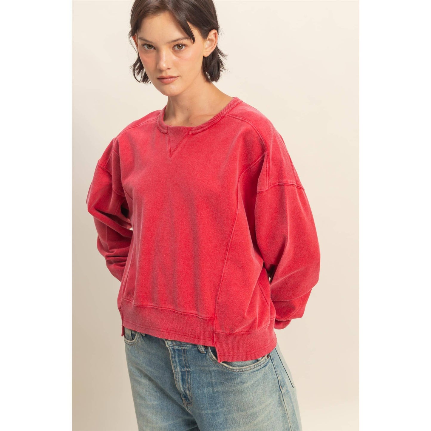 Oversized Crew Neck Sweatshirt With Raw Hem