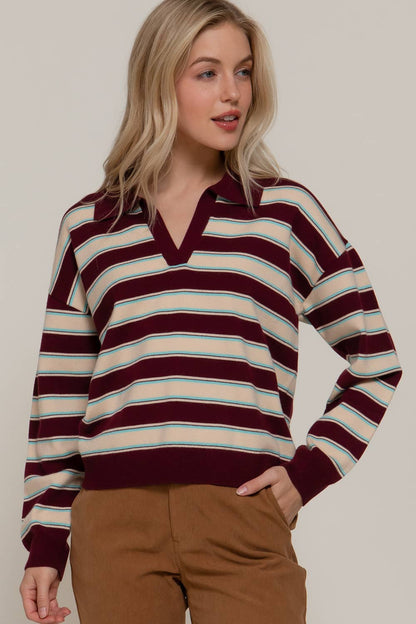 Long Sleeve Multi Stripe Polo Sweater