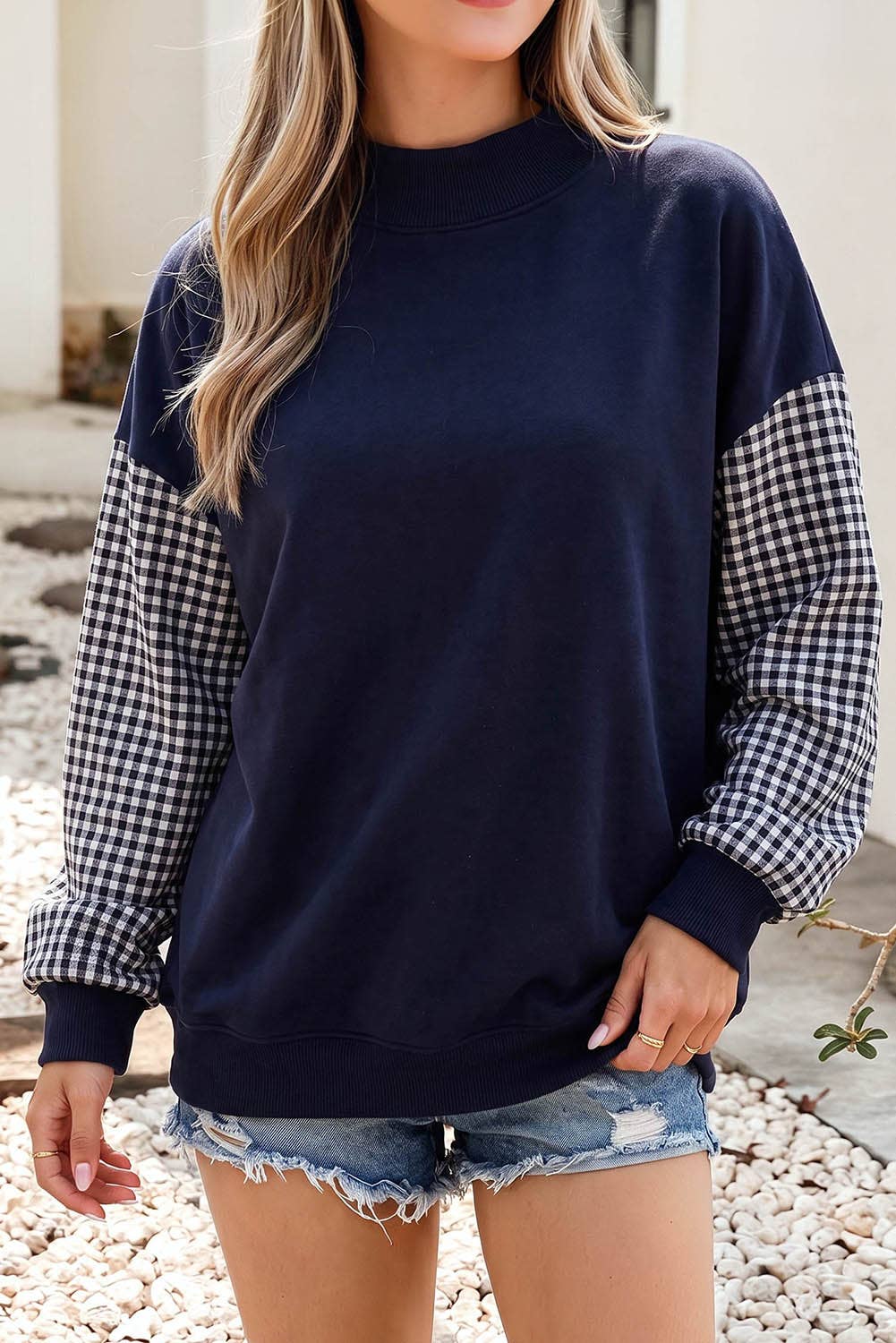 F/W26 NEW Plaid Sleeve Colorblock Mock Neck Sweatshirt| S-4X