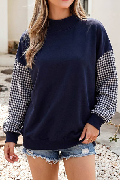 F/W26 NEW Plaid Sleeve Colorblock Mock Neck Sweatshirt| S-4X