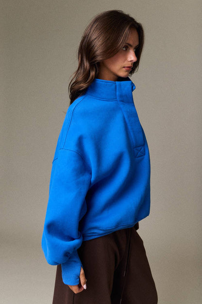 PT18729 - High Collar Half Button-Up Relaxed Fit Pullover