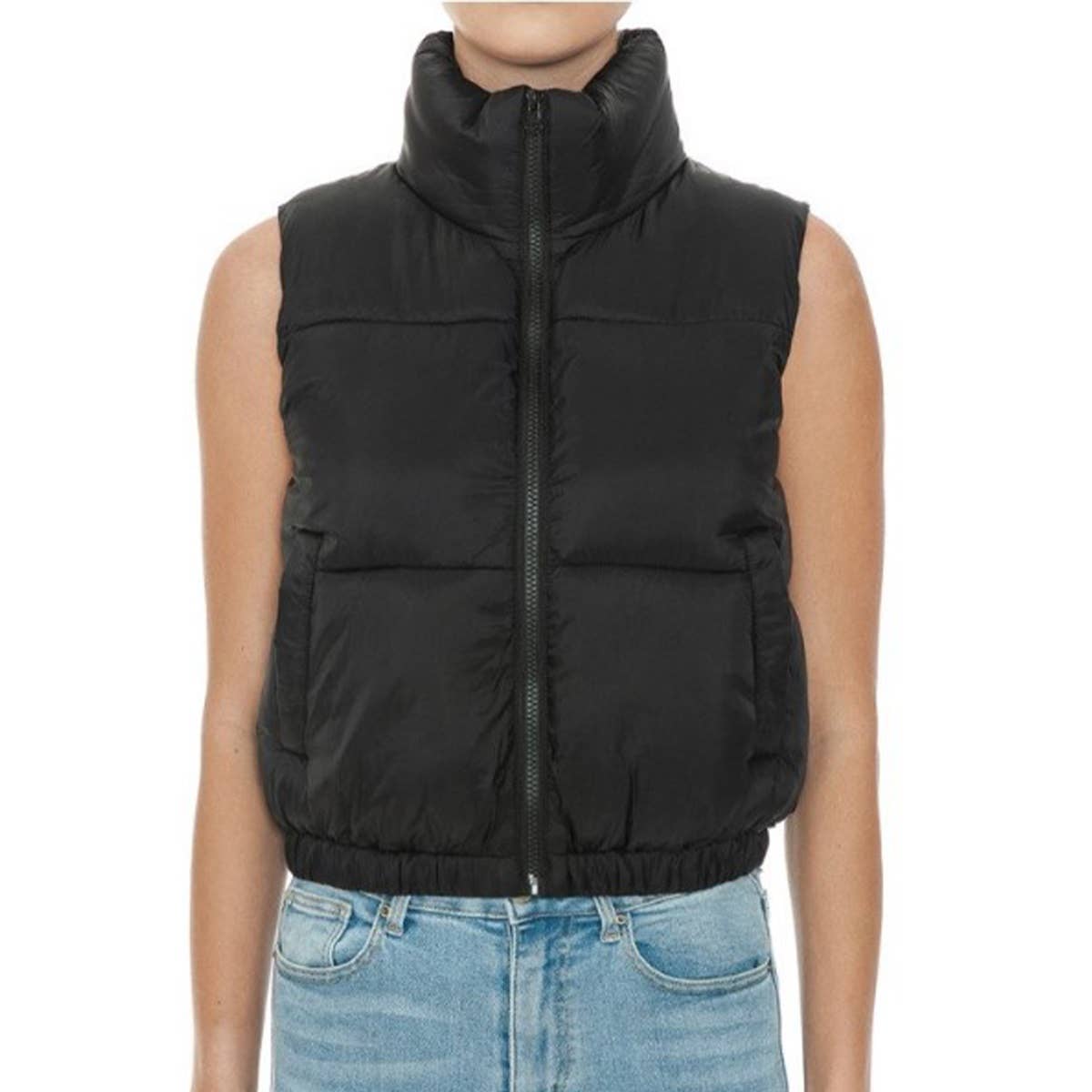 Nylon High Neck Faux Down Puffer Vest