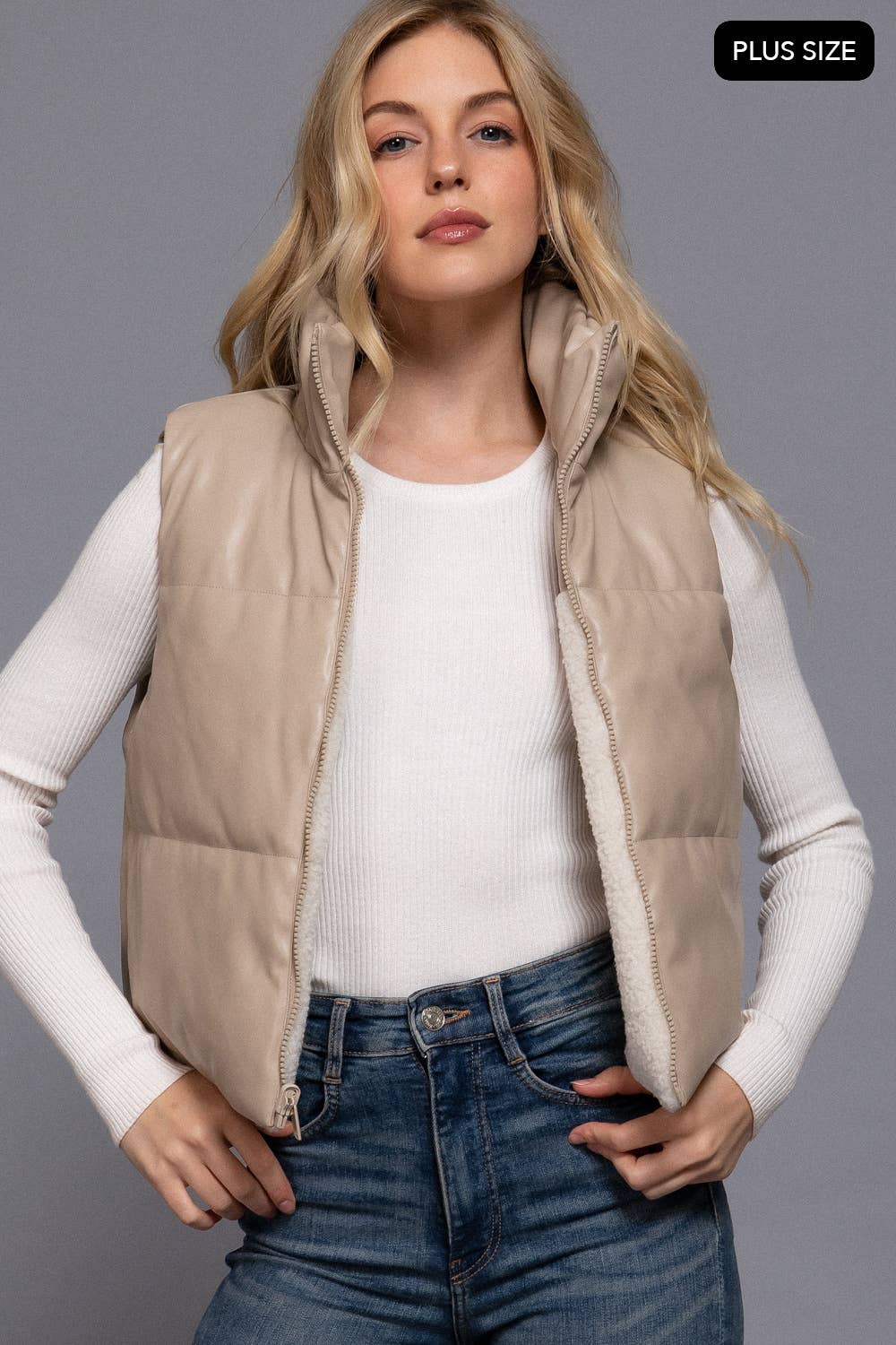[PLUS SIZE] Reversible Faux Leather-Sherpa Padding Crop Vest