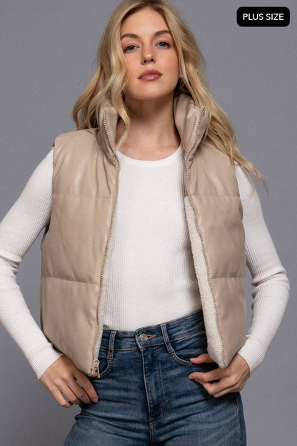 [PLUS SIZE] Reversible Faux Leather-Sherpa Padding Crop Vest