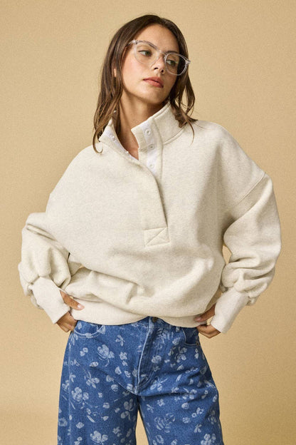 PT18729 - High Collar Half Button-Up Relaxed Fit Pullover
