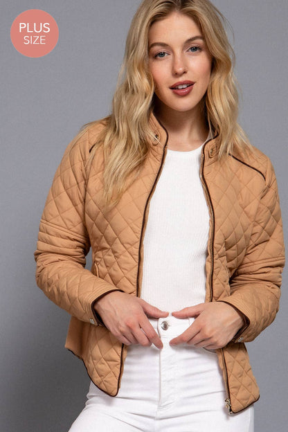 [PLUS SIZE] Suede Piping Detail Rib Quilted Padding Jacket
