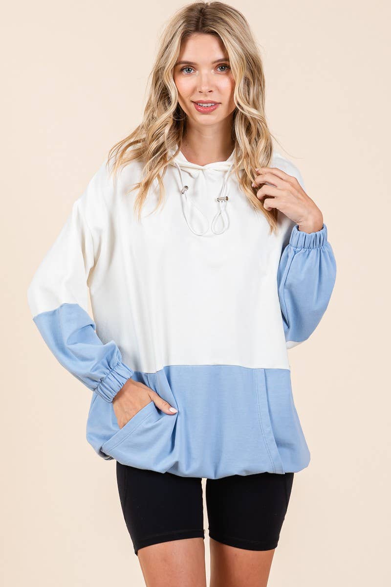 D5505 - ELASTIC HEM COLOR BLOCK POCKET HOODIE=