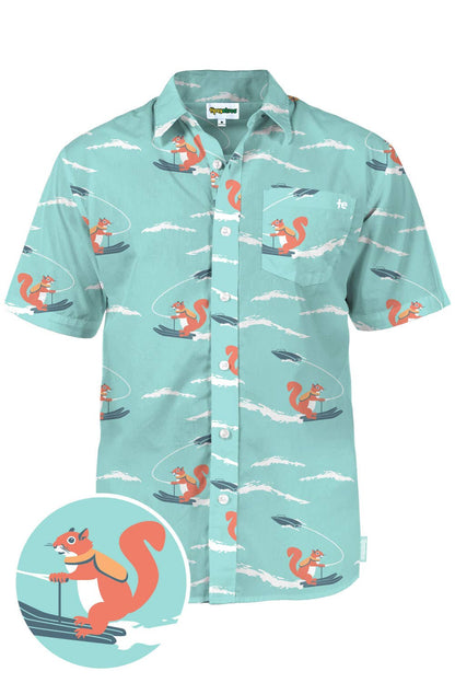 Squirrel On Water Skis Men's Fun Button Down Hawaiian Shirt