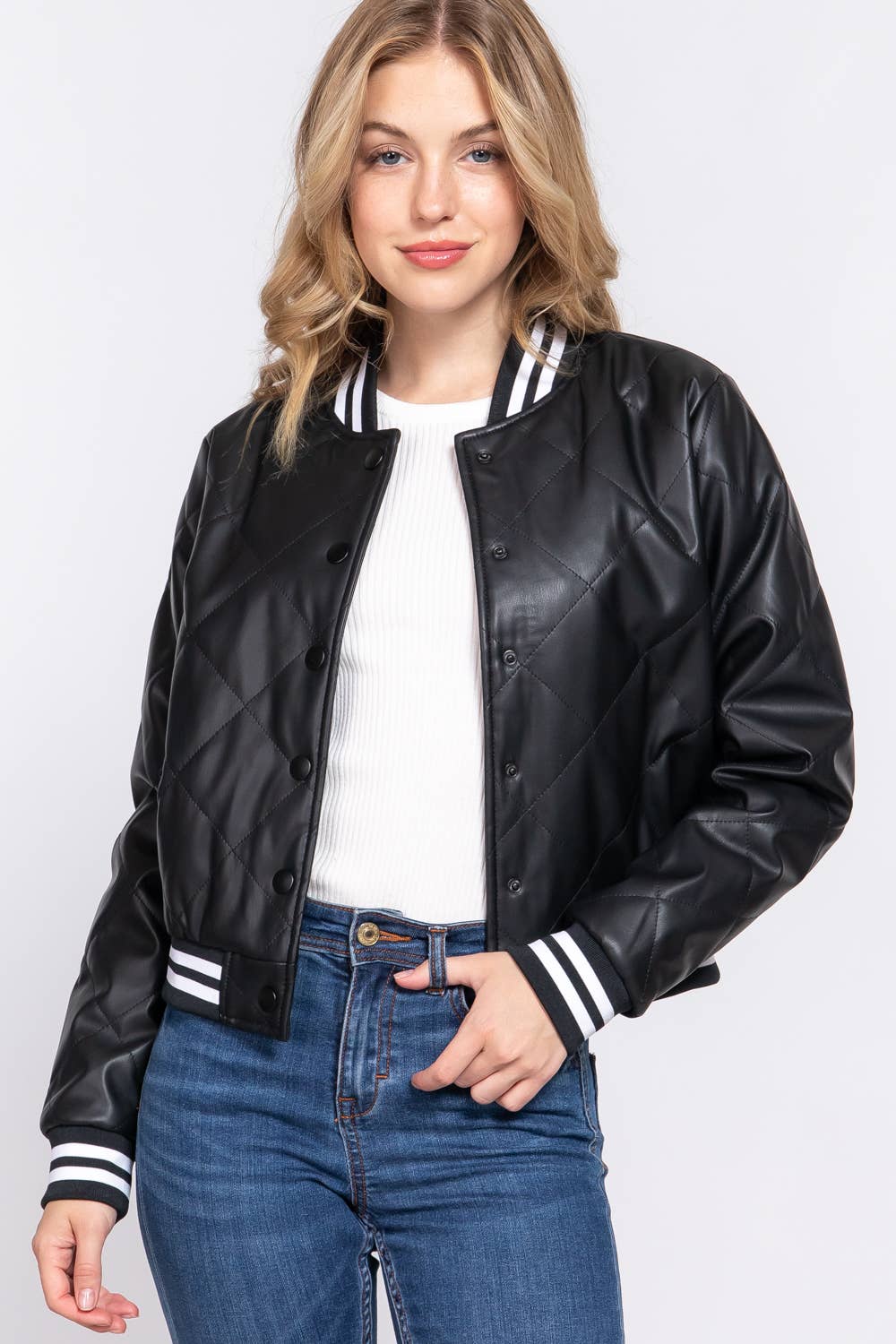 Long Sleeve Quilted PU Faux Leather Bomber Jacket
