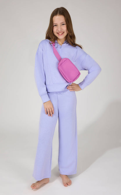 Girl's Half Zip Hoodie, Wide Leg Pant, Bag 3 PCS Set