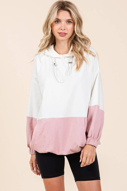 D5505 - ELASTIC HEM COLOR BLOCK POCKET HOODIE=