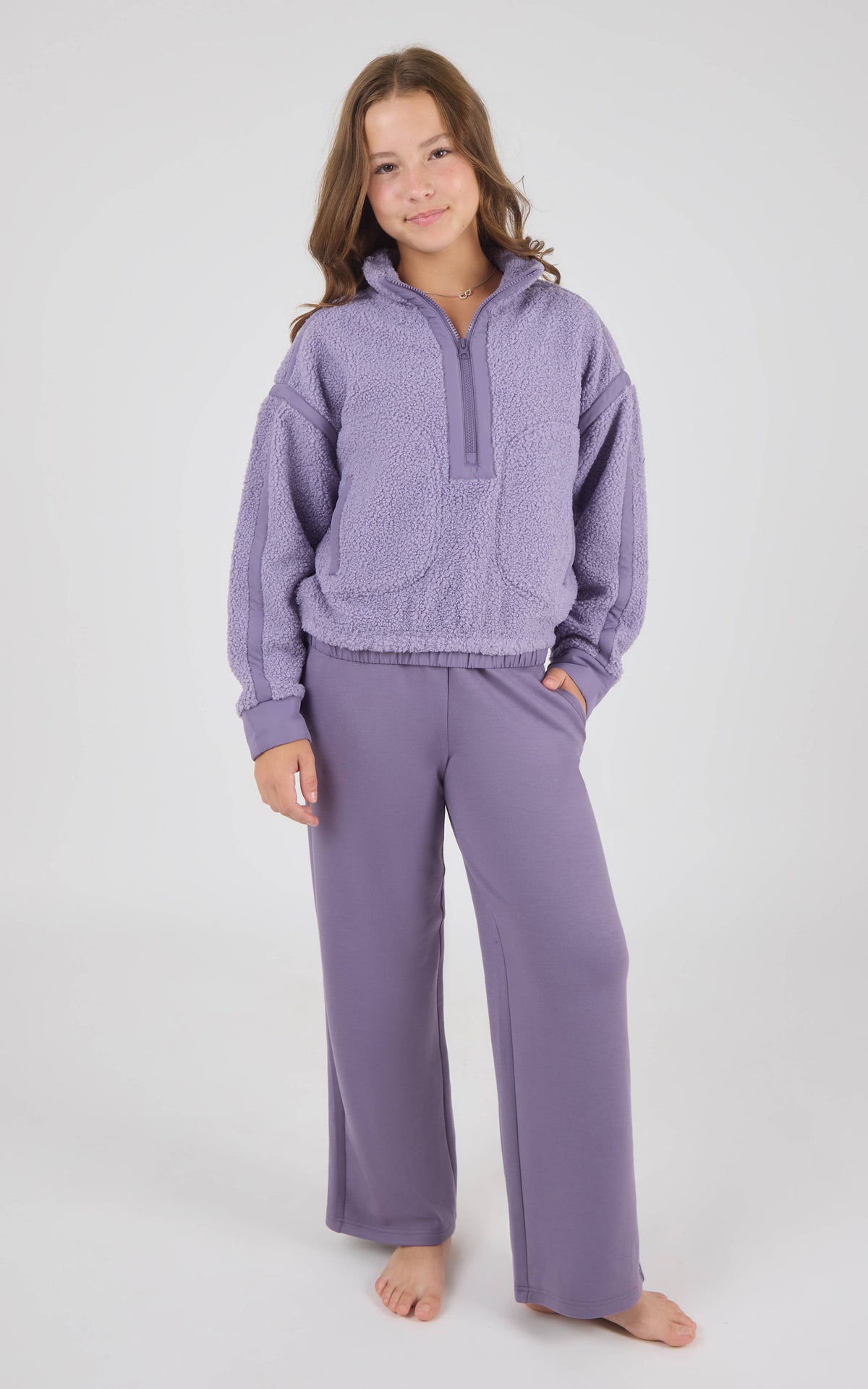 Tween Girls Trendy Contrast Sherpa Half Zip and Flare Pants