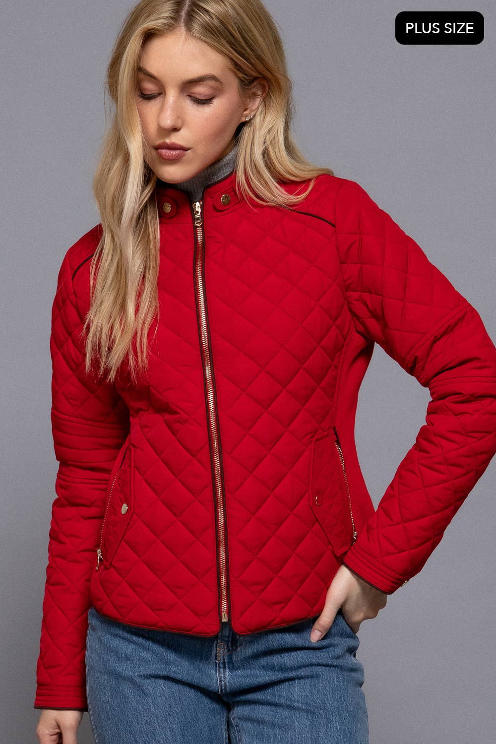 [PLUS SIZE] Suede Piping Detail Rib Quilted Padding Jacket