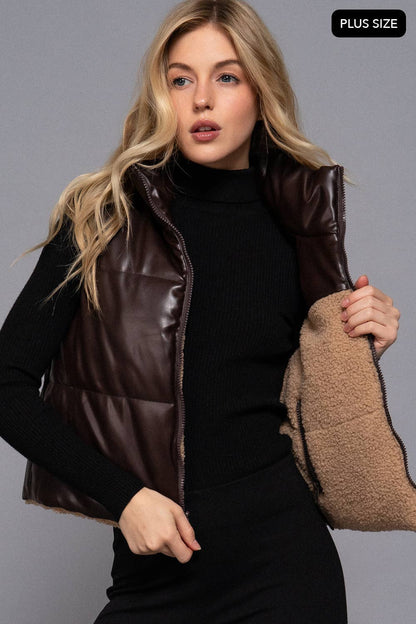 [PLUS SIZE] Reversible Faux Leather-Sherpa Padding Crop Vest