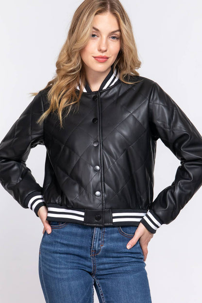 Long Sleeve Quilted PU Faux Leather Bomber Jacket