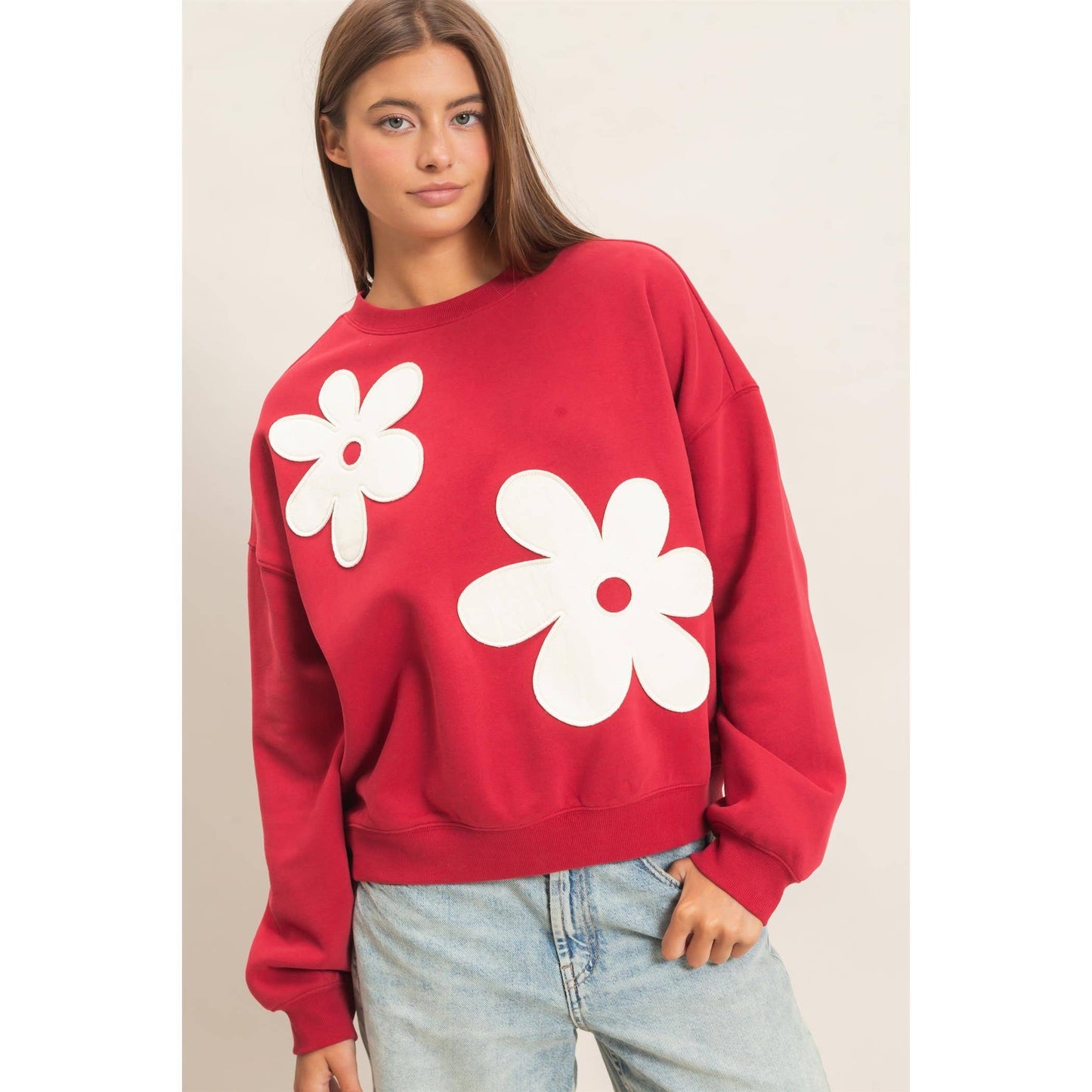 Floral Applique Crew Neck Sweatshirt