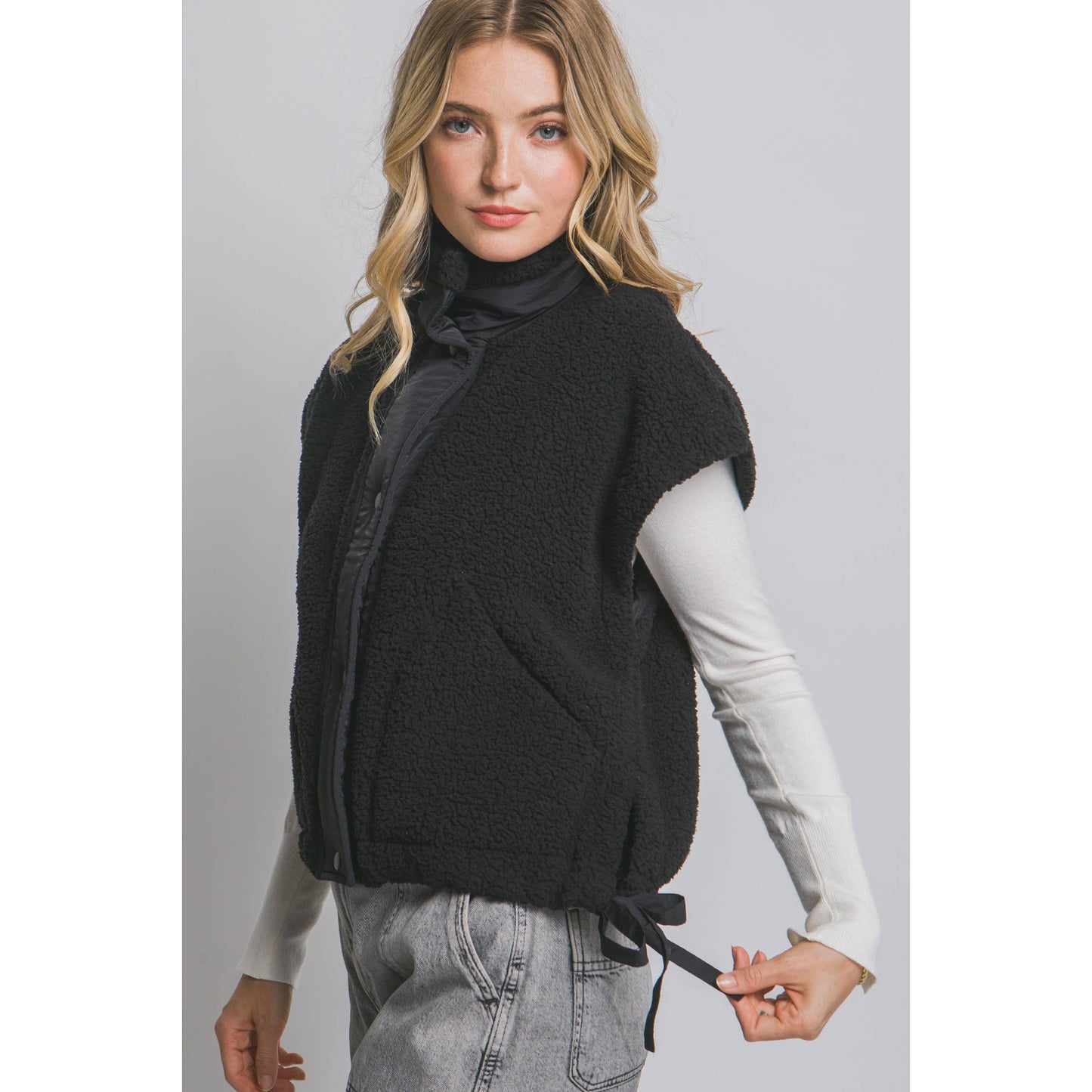 Sherpa Oversized Vest Button Tabs with Pockets