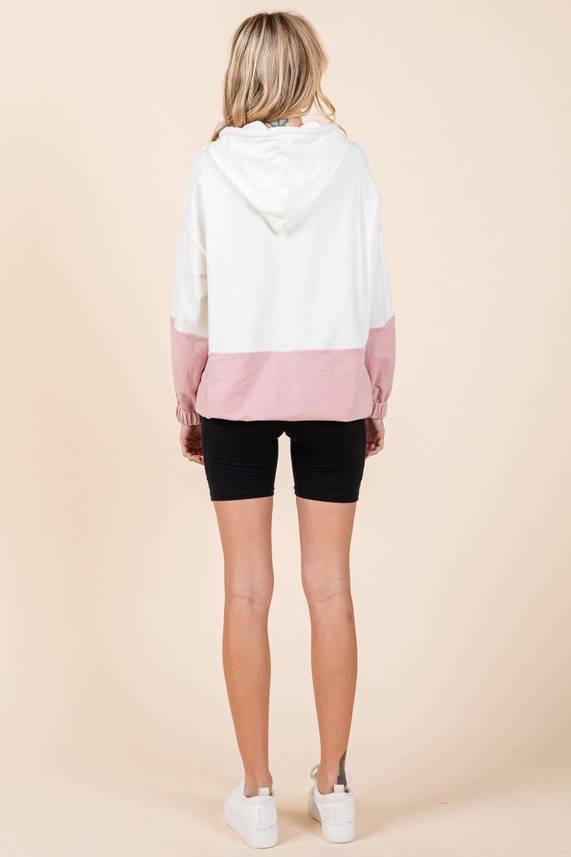 D5505 - ELASTIC HEM COLOR BLOCK POCKET HOODIE=