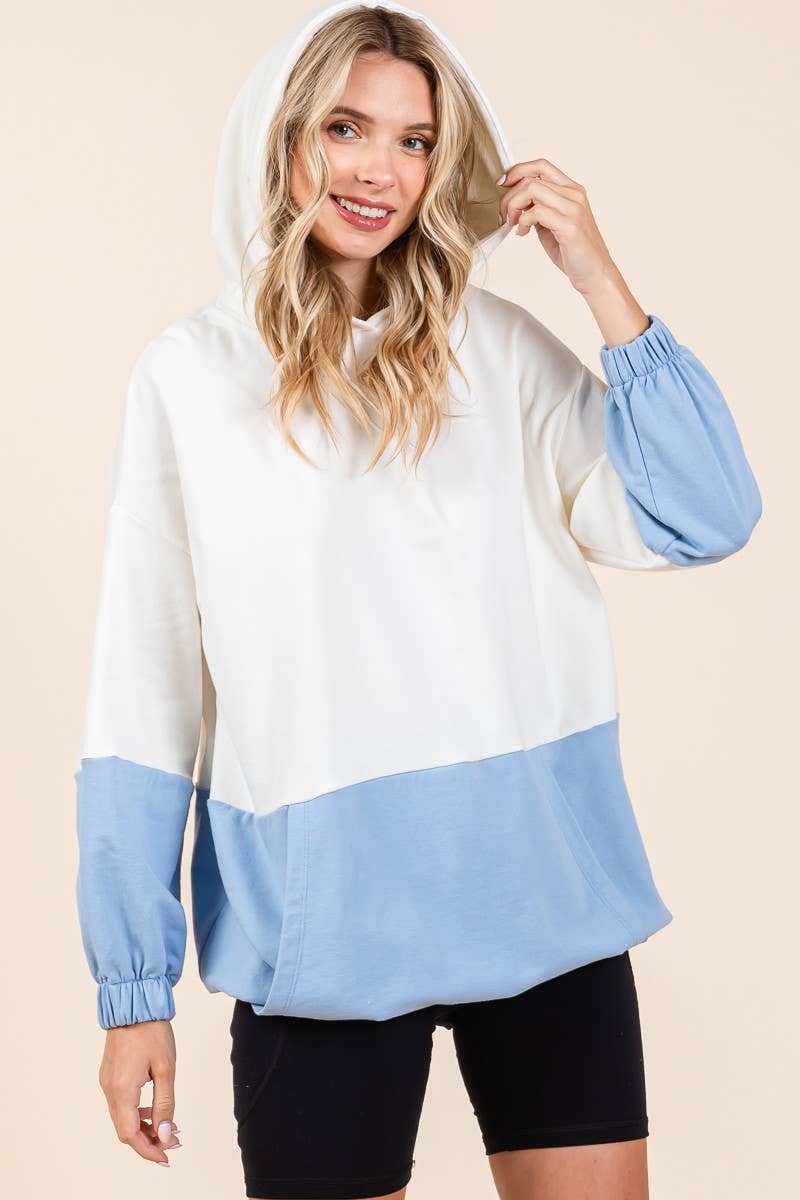 D5505 - ELASTIC HEM COLOR BLOCK POCKET HOODIE=