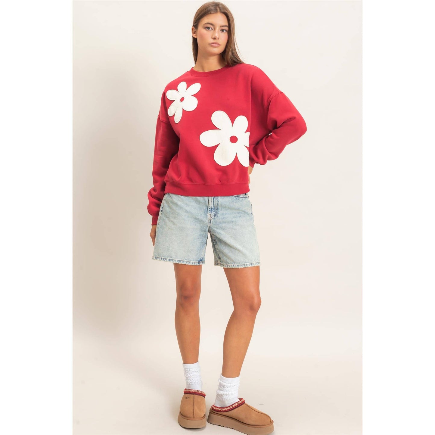Floral Applique Crew Neck Sweatshirt